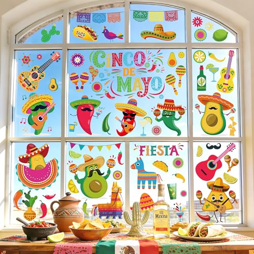 Image of 72 PCS Cinco De Mayo Decorations, 9 Sheets Cinco De Mayo Window Clings, Double-Sided Mexican Stickers with Tacos Guitars Cactus Peppers Designs, Fiesta Party Decor for Window Glass Home Store