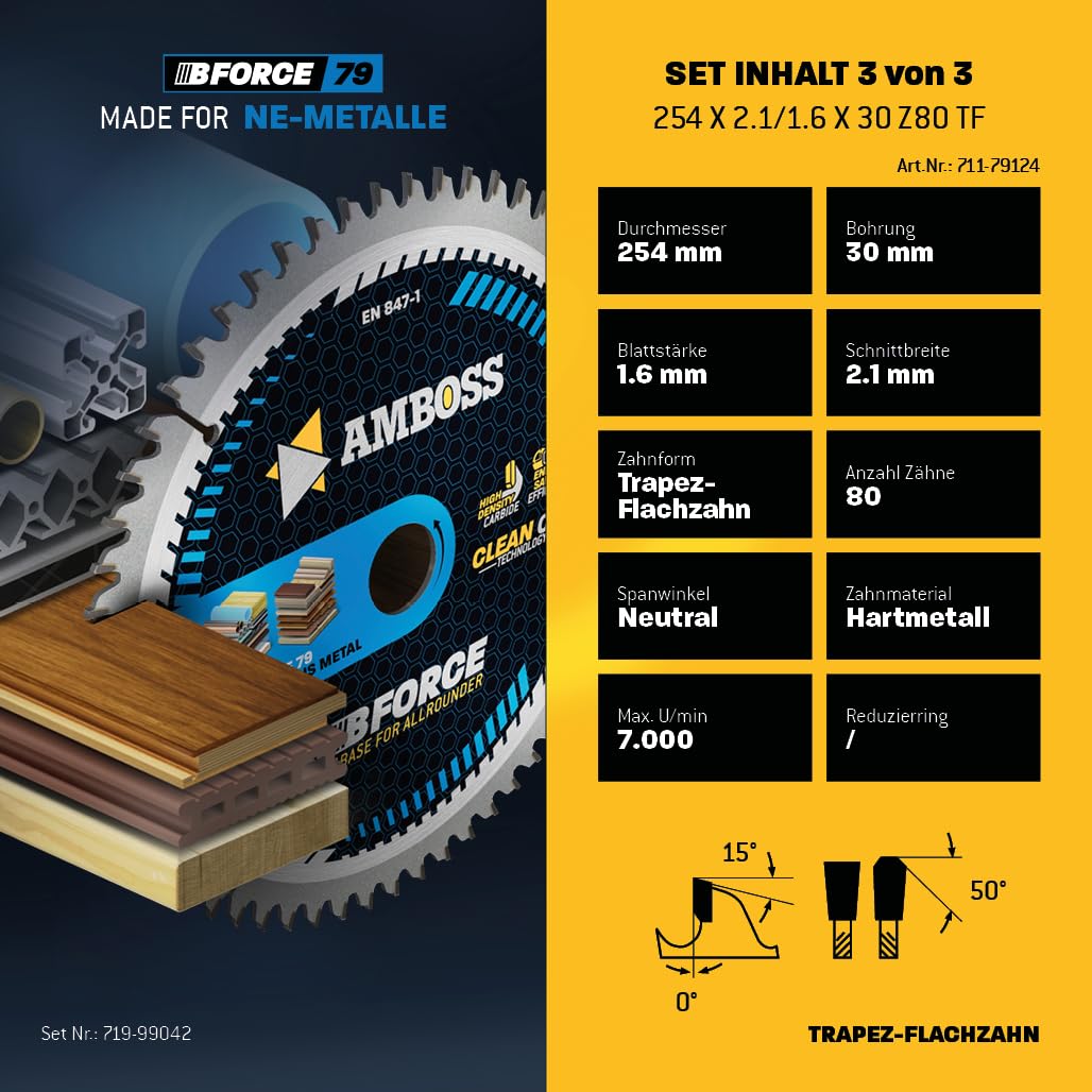 Ø254 x 30 Tisch- Kreissägeblatt Set passend für Bosch GTS 10, PTS 10, PTS 100 T, Festool TKS80, Scheppach HS105, Metabo TK250, TS254 - AMBOSS WERKZEUGE® 254x30 Sägeblatt Sortiment