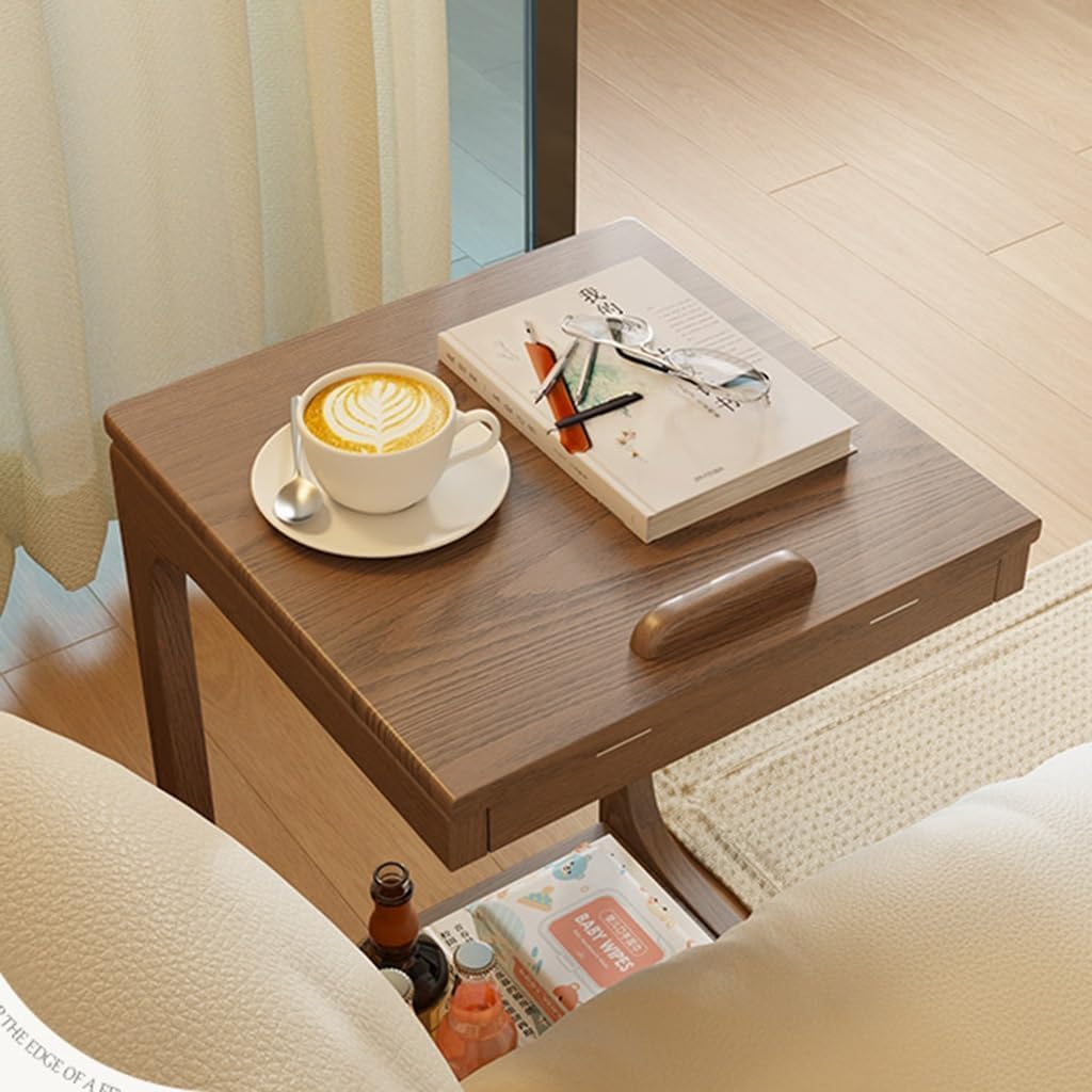 Mesa de TV ajustable en forma de C de madera maciza con ruedas, mesas auxiliares extraíbles para sofá, ideal para salas de estar, dormitorios y espacios estrechos