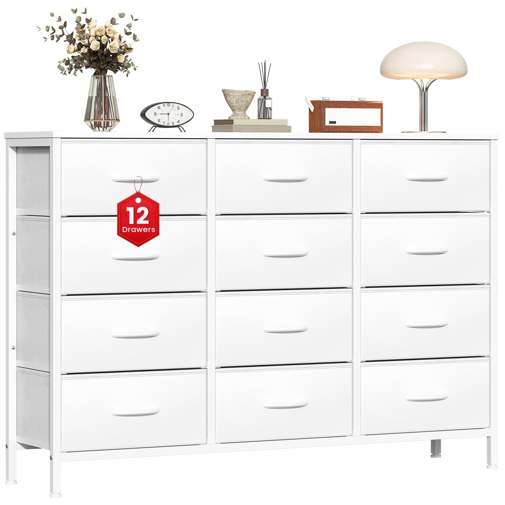 GoaHi Chest of Drawers with 12 Drawers,Bedroom Drawers, Fabric Dresser with Wood Top,Drawer Storage Unit for Bedroom, Living room, White