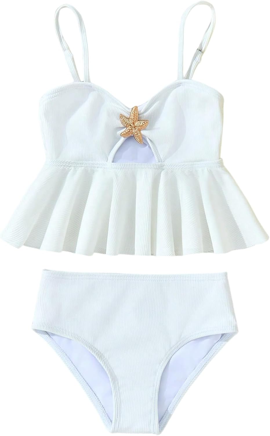 Verdusa Toddler Girl's 2 Piece Ribbed Bikini Sets Metal Starfish Cut Out Ruffle Swimsuit