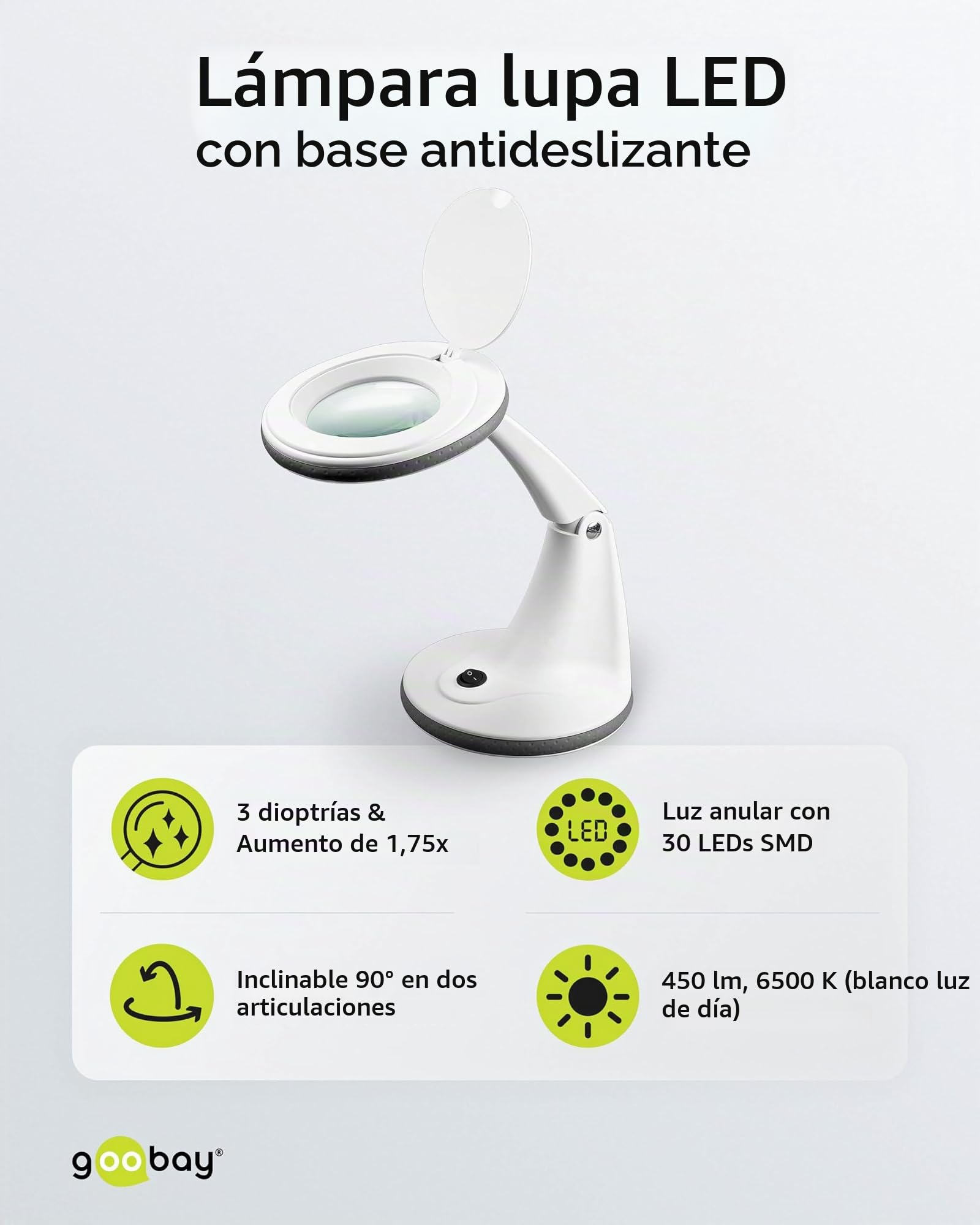 goobay 60366 Lámpara de Lupa LED/lámpara de Lupa con pie/Lupa de pie con luz / 6 W Consumo/Temperatura de Color 6500 K/Flujo Luminoso 450 LM/tensión de Servicio 230 V (AC) / Blanco