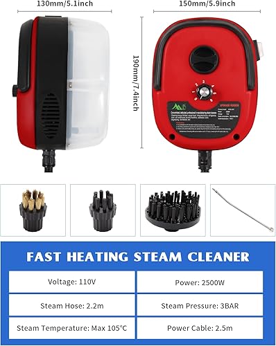 Miniatura 6 de Limpiador de vapor de mano, limpiador de vapor de alta presión de 2500 W con 3 cabezales de cepillo, toalla, limpiadores de vapor de esponja para