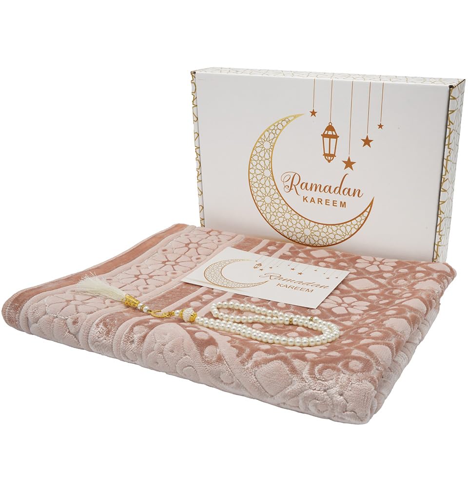 Modefa Muslim Prayer Rug Islam - Ramadan Gifts Set with Prayer Mat & Tasbih Prayer Beads - Soft Plush Islamic Gifts for Women Muslim Gifts for Men - Luxury Velvet Gift Box Set (Light Pink)