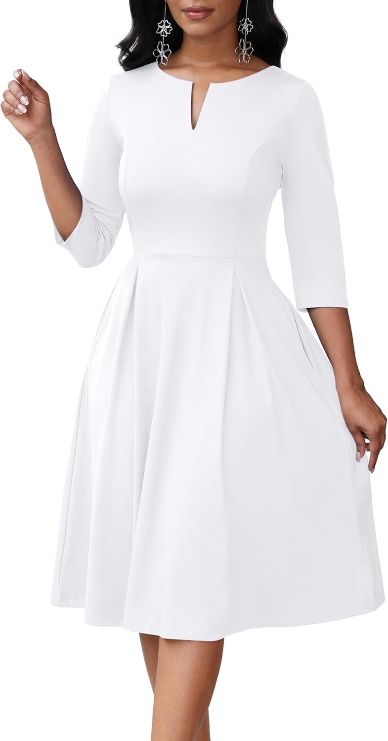 Nmoder Midi Dresses for Women - Semi Formal Fit and Flare 3/4 Sleeve V Neck A-Line Cocktail Church Work Dress with Pockets
