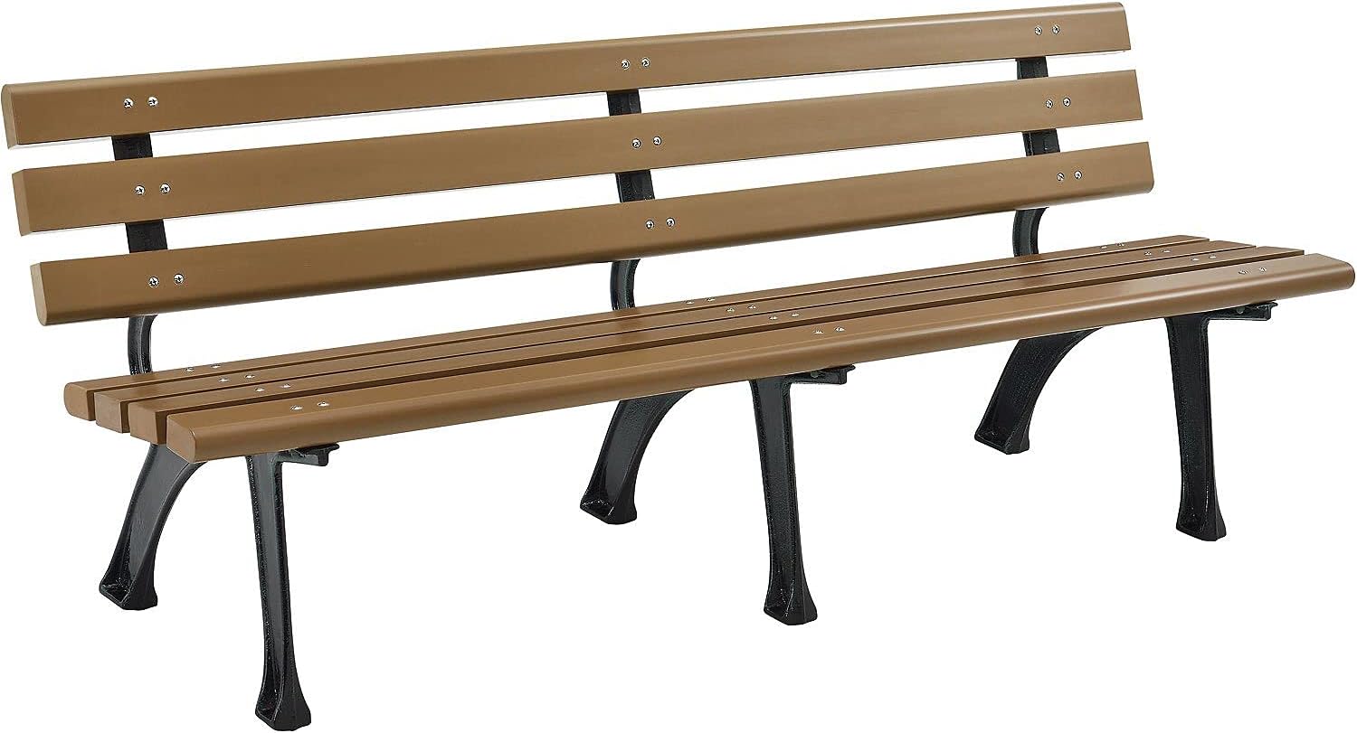 Global Industrial 6'L Outdoor Park Bench with Backrest, Recylced Plastic Slats, Wrought Iron Frame, 1985 lbs Capacity, Tan, Surface Mount, Easy Assembly