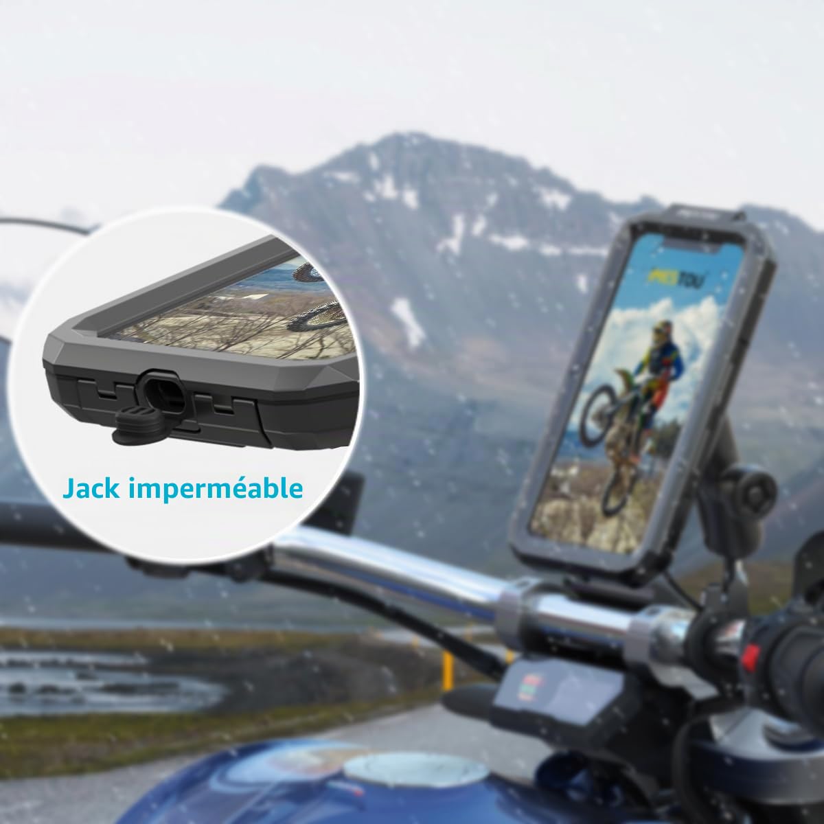 iMESTOU IP66 Support étanche pour Téléphone de Moto avec Tête Sphérique de 2,5 cm Convient pour Les Accessoires de Taille B, pour Téléphones de 5,5" à 6,8" avec Une épaisseur Max Épaisseur 11mm (L)