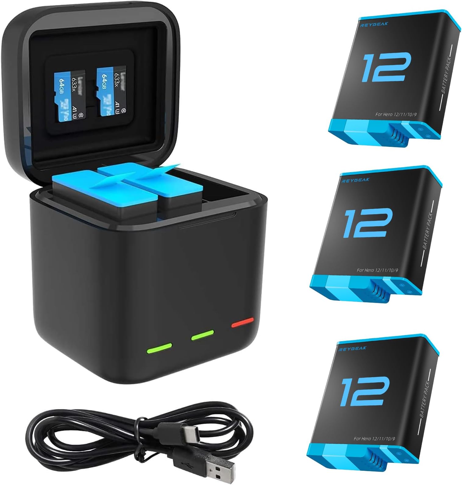 REYGEAK Battery Charger for GoPro Hero 12 Black Hero 11 Hero 10/9, Portable Charger 3-Channel Battery Charging Storage 3 Pack Rechargeable Hero 12/11/10/9 Batteries (Charger + 3 x Batteries)