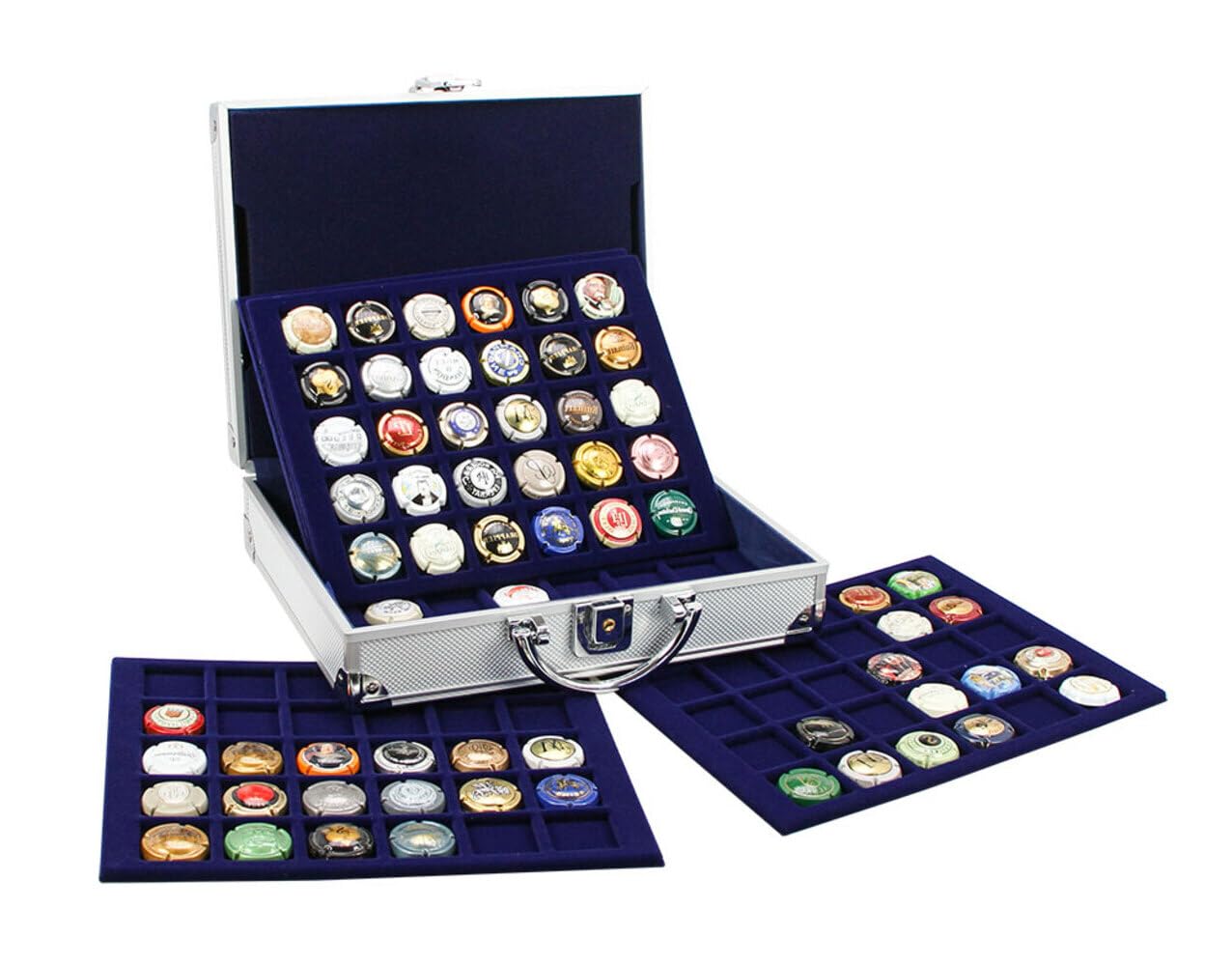 SAFE162 Mallette en aluminium pour 150 capsules de champagne | Incl. 5 Tableaux en velours bleus | Avec serrure et poignée de transport | Mallette de collection | 250 × 215 × 70 mm