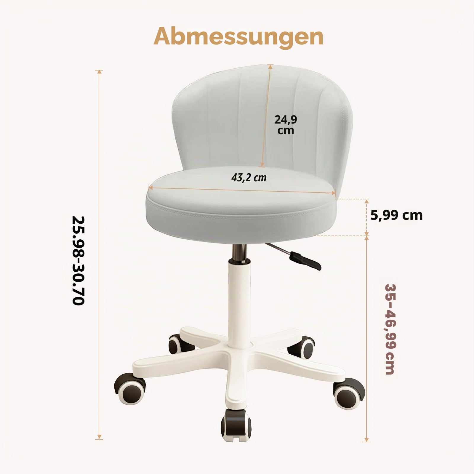 Niedlicher Stuhl ohne Armlehnen, Frisierstuhl mit Rollen, Kleiner Schreibtischstuhl, Verstellbarer Drehstuhl mit Rollen für das Homeoffice, Schlafzimmer