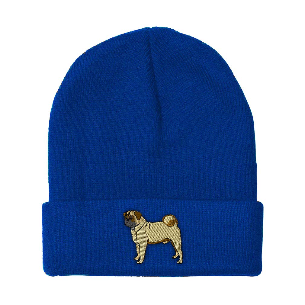 Speedy Pros Beanies for Men Pug Dog A Embroidery Dogs Pug Winter Hats for Women Acrylic Skull Cap 1 Size Royal Blue Design Only