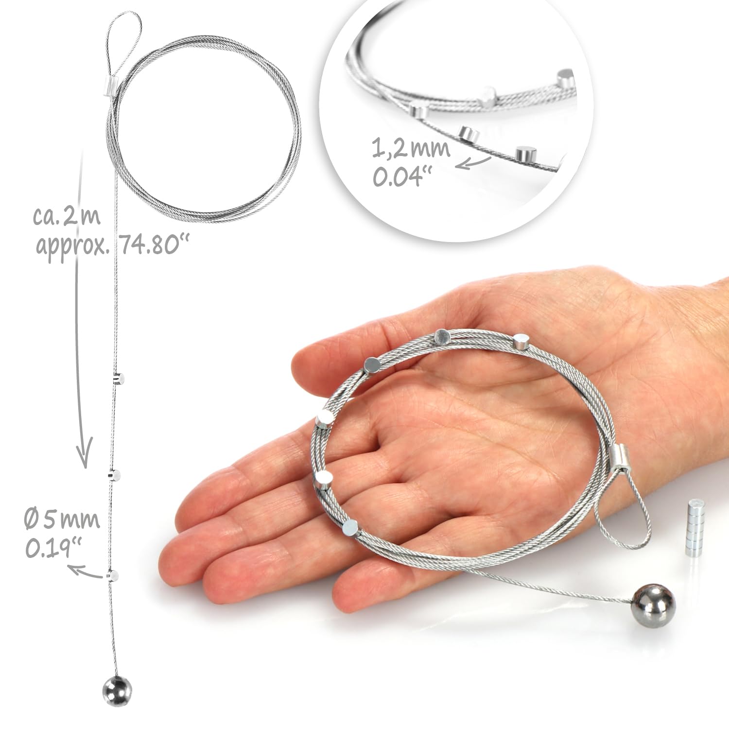 com-four® set de 4 cables para fotos con 48 imanes, cuerda metálica de 2 metros para colgar fotos, postales y notas decorativas