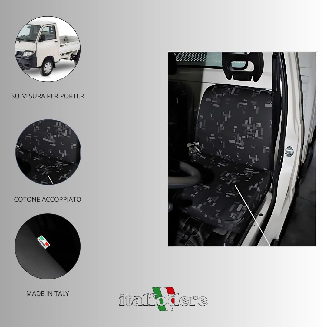 Italfodere - Coppia di Coprisedili Auto anteriori - Compatibili con Porter - Fatti a Mano - Facili da installare - Cotone - Gommapiuma e Poliestere - Accessori Auto Interno - Made in Italy - Grigio 33