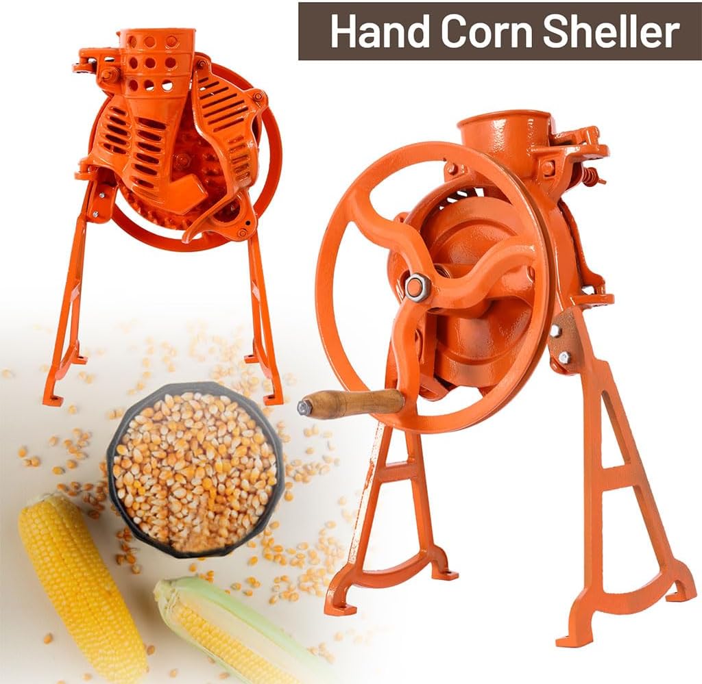 Heavy Duty Steel Corn Sheller – Manual Hand Crank Corn Thresher with Adjustable Screws for Efficient Shelling – Also Hulls Walnuts – Orange