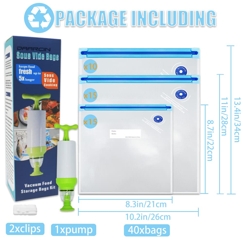 Sous Vide-Beutel, 3 Größen, 40 Stück, BPA-frei, wiederverwendbar, Vakuumbeutel-Set, hält Lebensmittel fleisch, mit 1 Vakuum-Handpumpe und 2 Verschlussclips