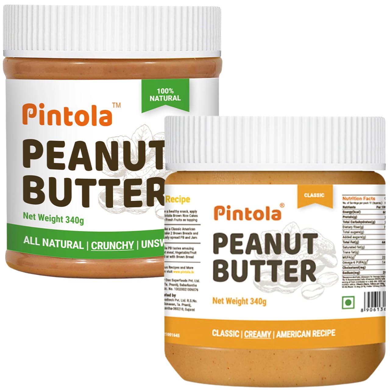 PintolaPeanut Butter Combo pack of All Natural Crunchy + Classic Creamy (340g (pack of 2) High Protein | Gluten Free | Vegan | Cholesterol Free