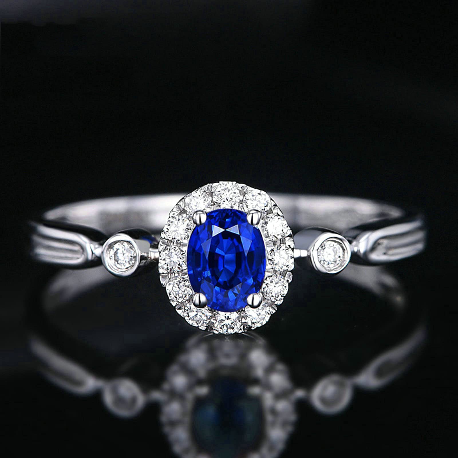KnSam Anello Zaffiro Donna Oro Bianco, Fedi Nuziali d Oro Bianco Diamante Halo con Zaffiro 0.38ct Dimensione 6,75