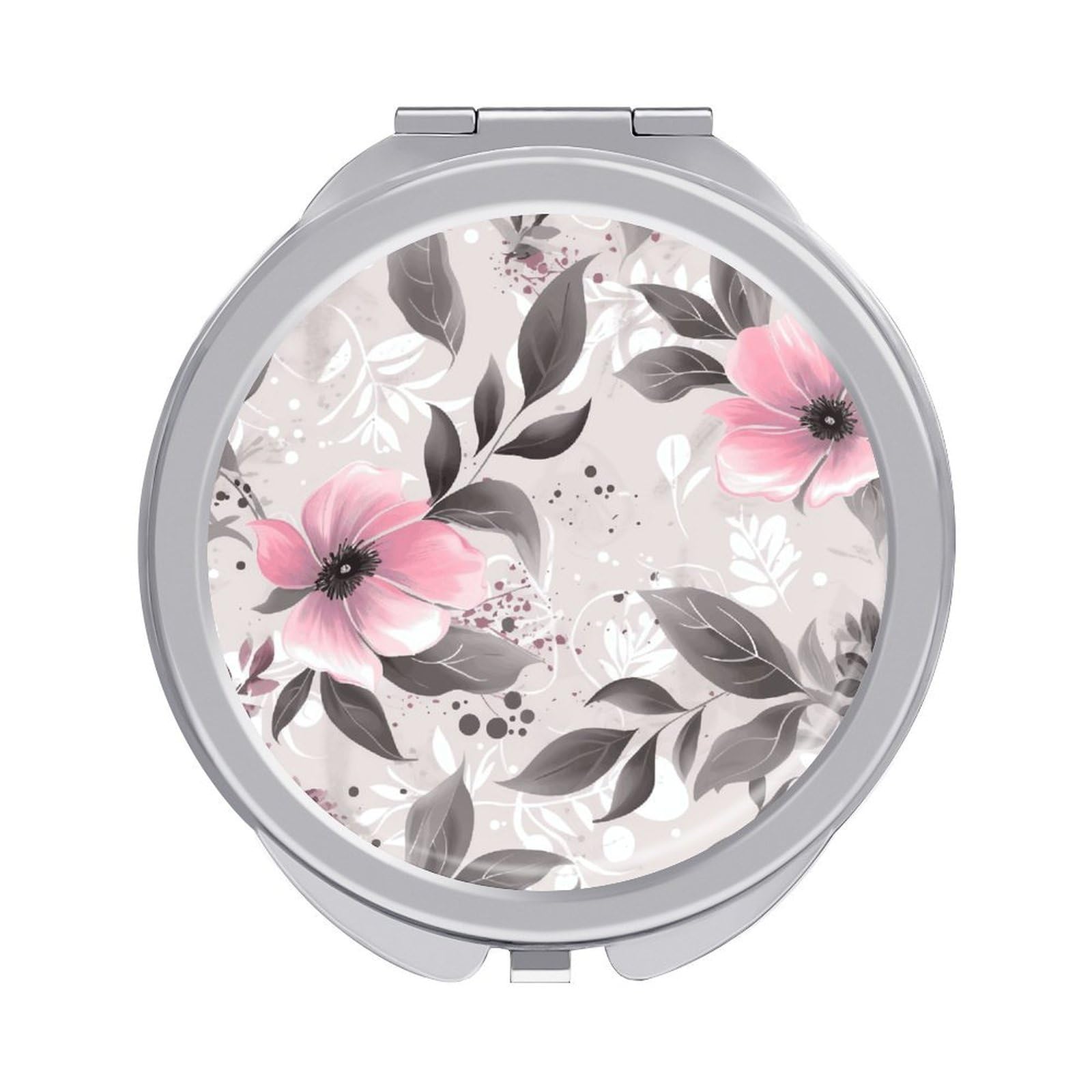FekiLoot Pink Flowers and Leaves on Gray Travel Makeup Mirror 2 X /1 X Magnifying Slim Pocket Mirrors Compact for Purse Travel Makeup Mirrors for Pocket, Handbag, Purse Women Gift