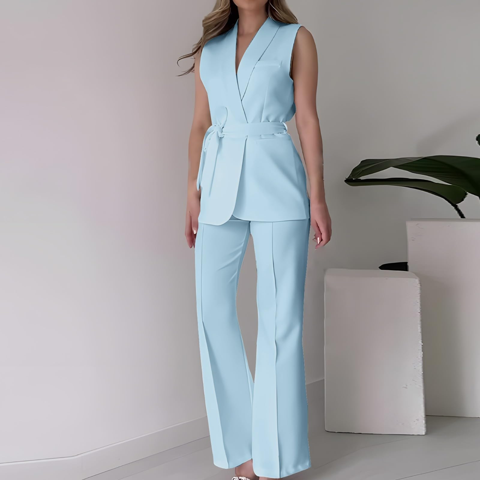 NUSGEAR Traje de 2 Piezas Mujer Moda Blazer sin manga y Pantalones largo verano Otoño Chalecos Slim Fit Elegante Negocios Oficina Fiesta Cena Casual color sólido Traje Chaqueta Basic Conjunto 2025