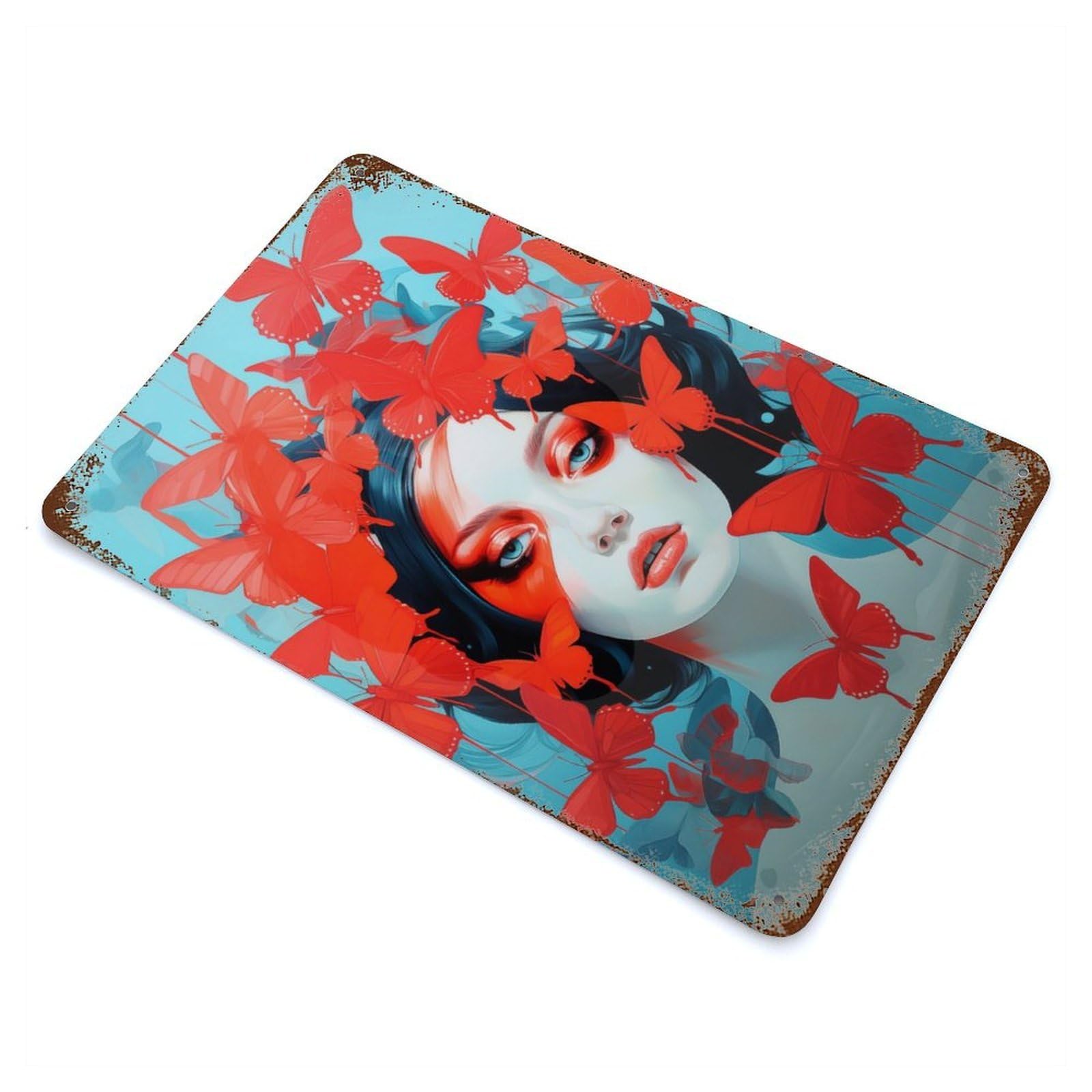 Rust Effect Red Butterflies Aged Metal Wall Plaque 11.8"x7.9", Farmhouse Wall Decor for Office, Studio And Wall Decor