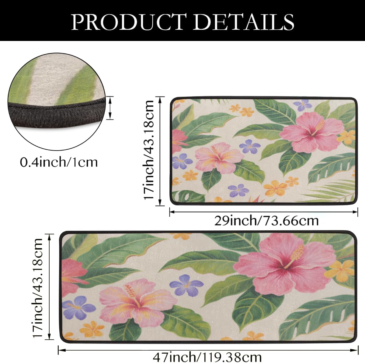 Anti Fatigue Tropical Hibiscus Bloom Kitchen Mats for Floor 2 Piece Set, Waterproof Non Slip Boho Kitchen Floor Rugs, Comfort Standing Mat for Sink Laundry & Home Kitchen 17"x47"+17"x29"