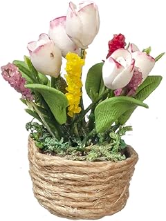Melody Jane Dolls Houses Dollhouse Tulips in Rope Basket Miniature Flowers in Pot Home Garden Accessory