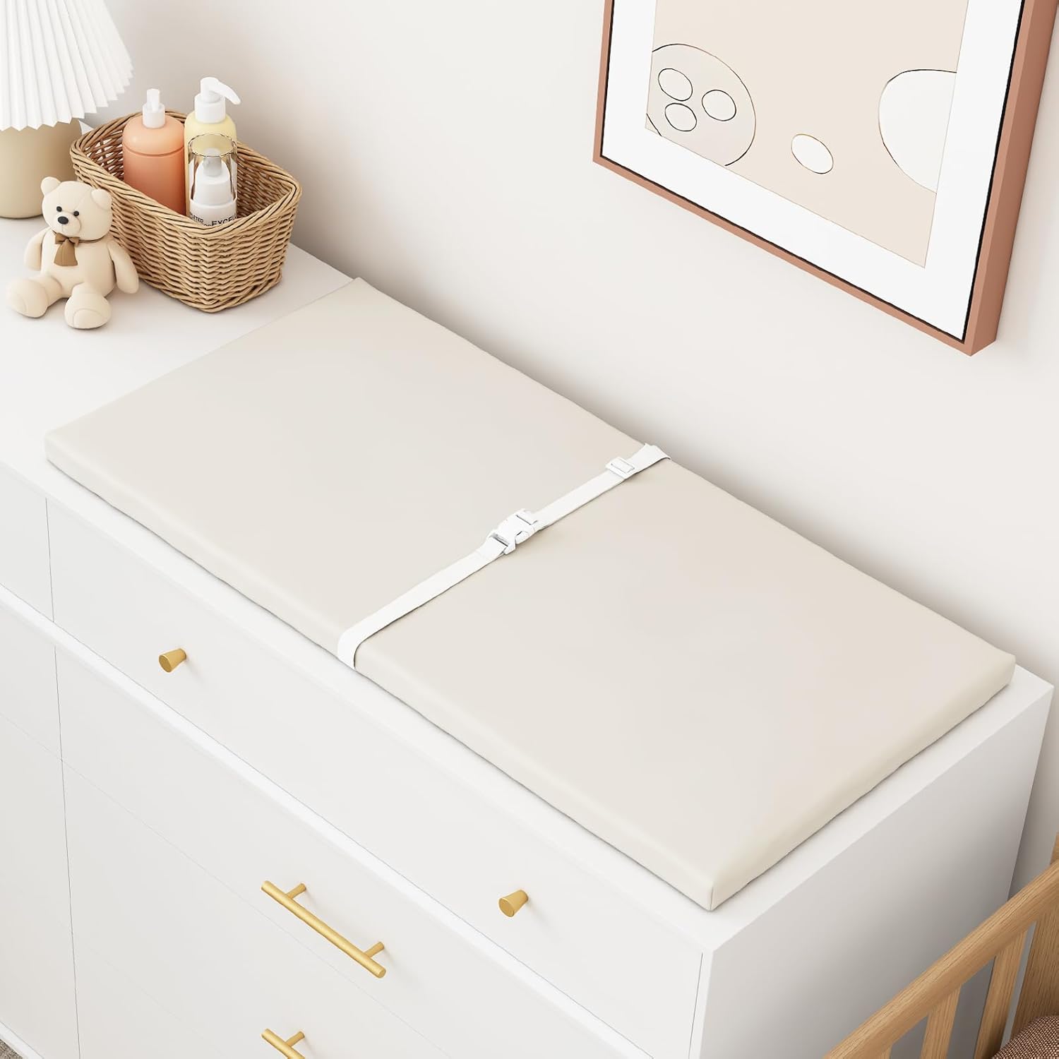 YACODAVO Wipeable Baby Changing Pad for Dresser and Table, Cozy Diaper Changing Pad with Waterproof & Wipe-Clean Leather Cover, Standard Size (31.5" L x 15.8" W), Off-White