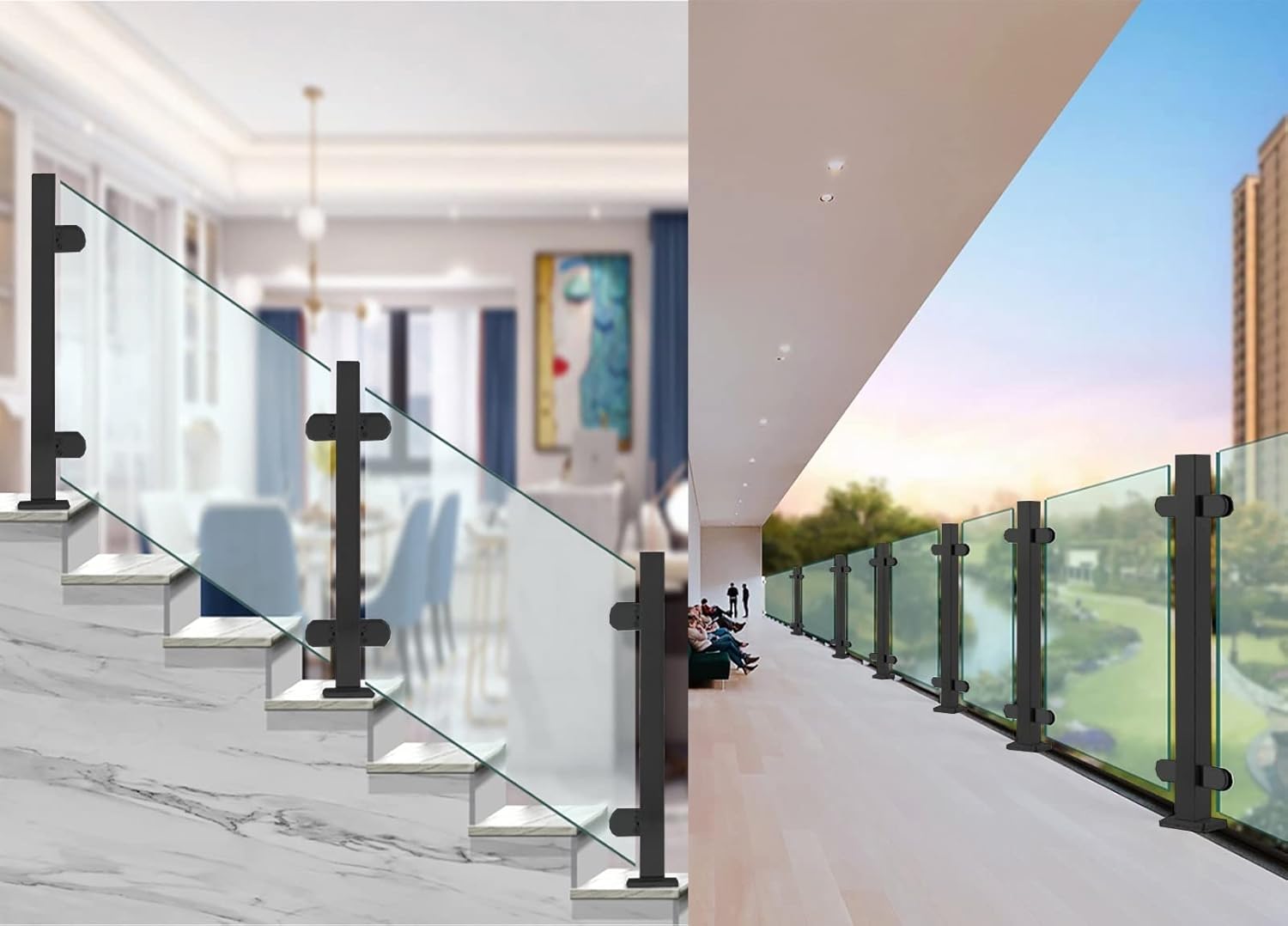 Stainless Steel Black Glass Balustrade Posts with Clamp for Indoor Outdoor Deck 24" 42" Tall Safety Glass Guardrail Kit Black Corner Post H 65cm