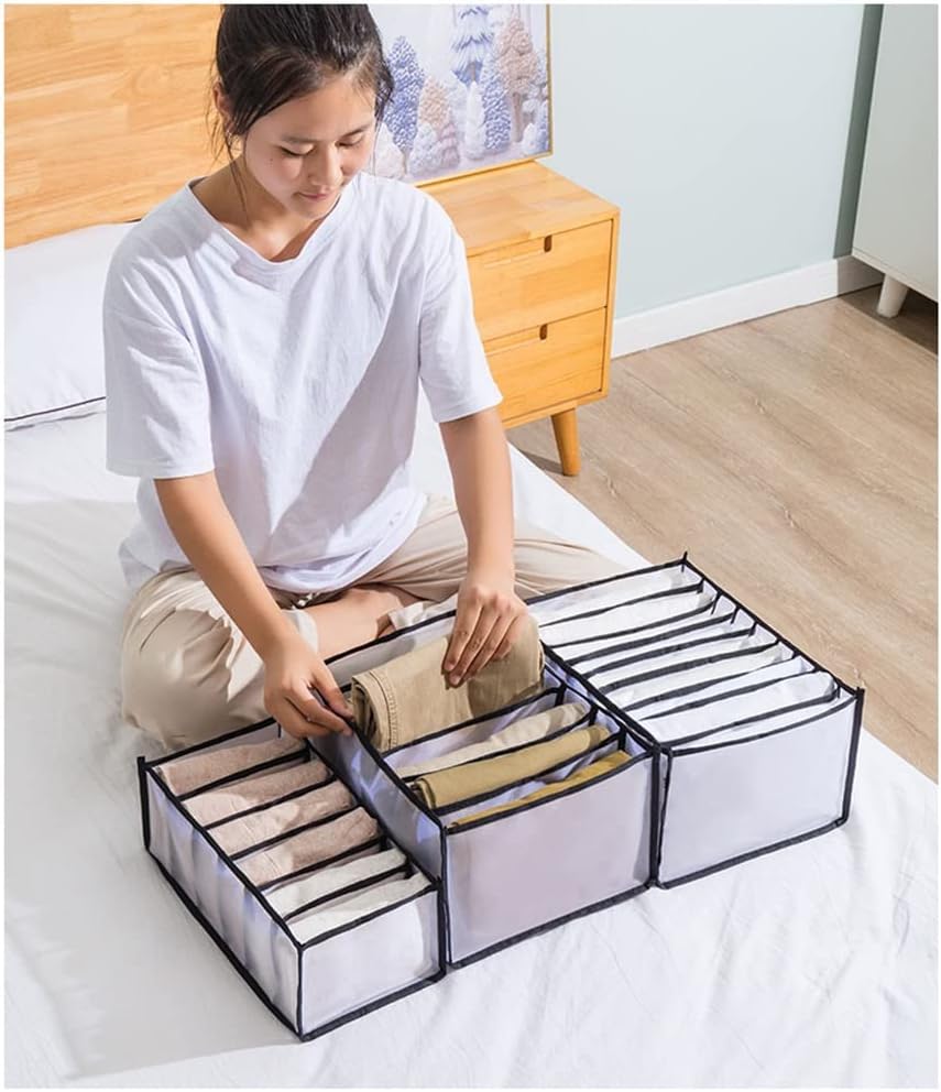 VINMEN Wardrobe Clothes Organizer for Jeans 2PCS Washable Compartment Storage Box,Foldable Closet Drawer Organizer Clothes Drawer Mesh Separation Box, Black