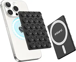 amBand Magnetic Sticky Phone Suction Grip for MagSafe, Removable for Wireless Charging, Durable Magnet Silicone Portable Mount Stand for iPhone 12 13 14 15 16 17 Series, Hands-Free Video/Selfie, Black