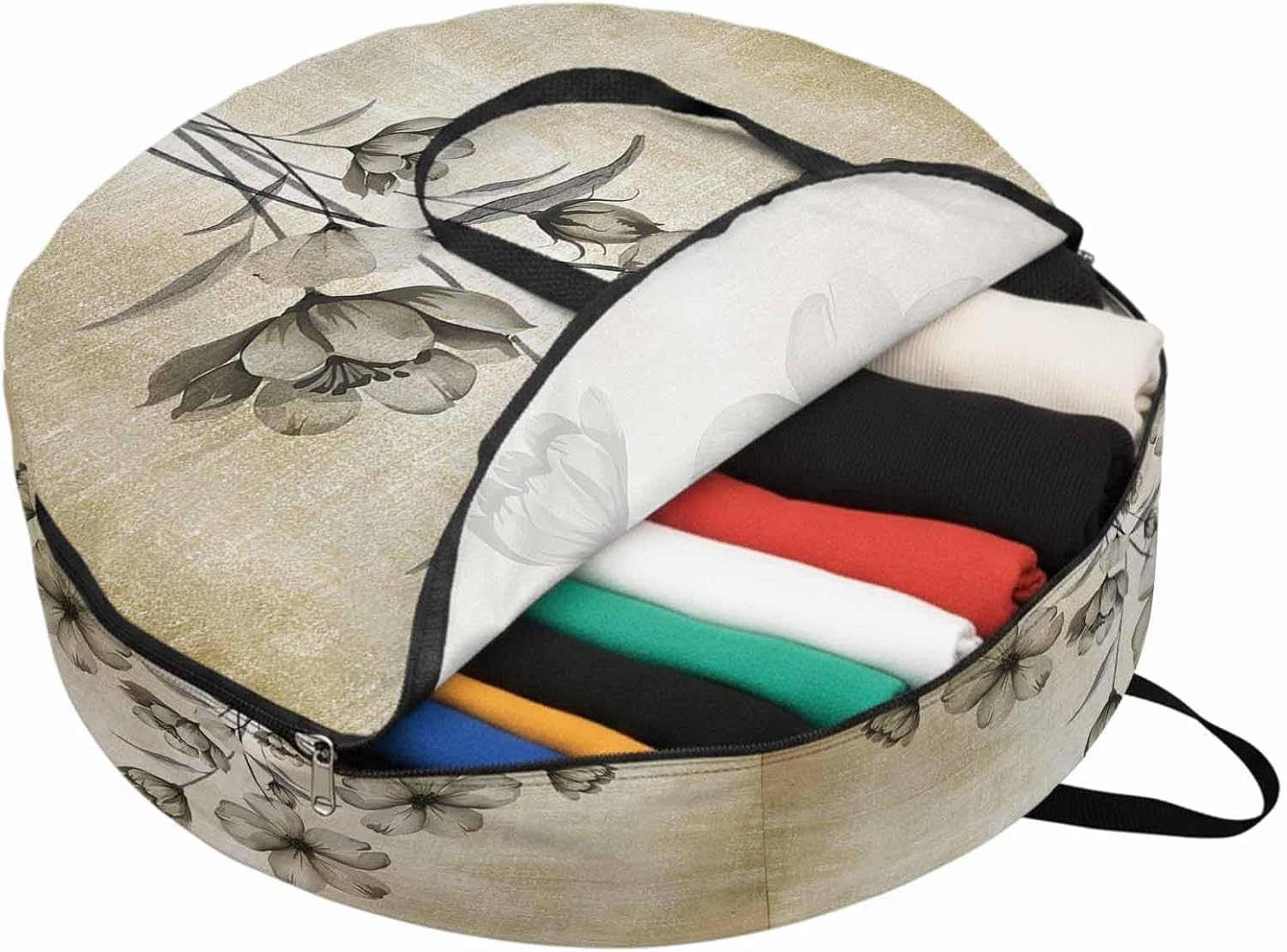 Storage Bag Beige Flower Round Storage Totes Bins Closet Organizers with Zippers & Handle Floral Branch Leaves Clothes Storage Container for Bedroom Dorm Space Saving Packing Supplies Moving Bags