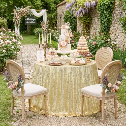 Light Gold Sequin Round Tablecloth 132 Inch Glitter Party Table Cloth
