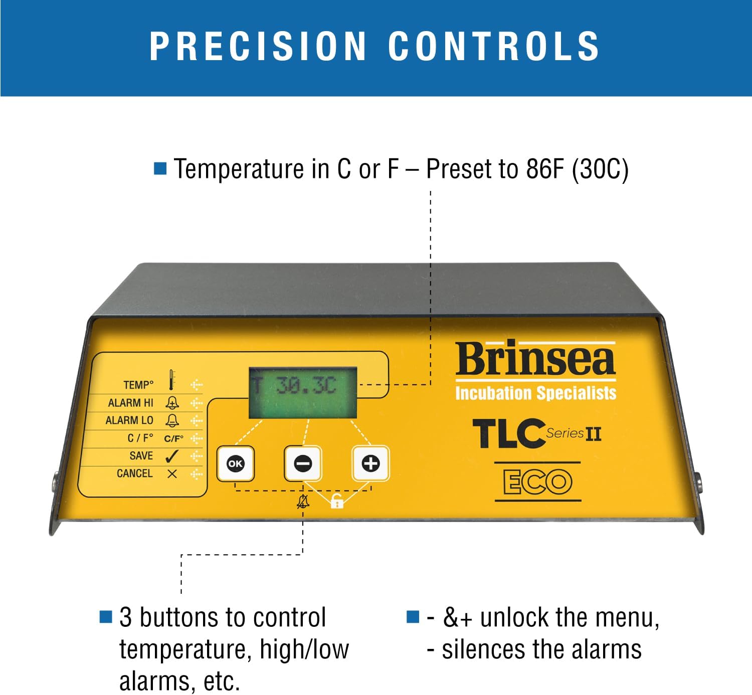 Close-up of the Brinsea TLC-50 Eco Series II control panel, showing the digital temperature display and control buttons for setting temperature and alarms.