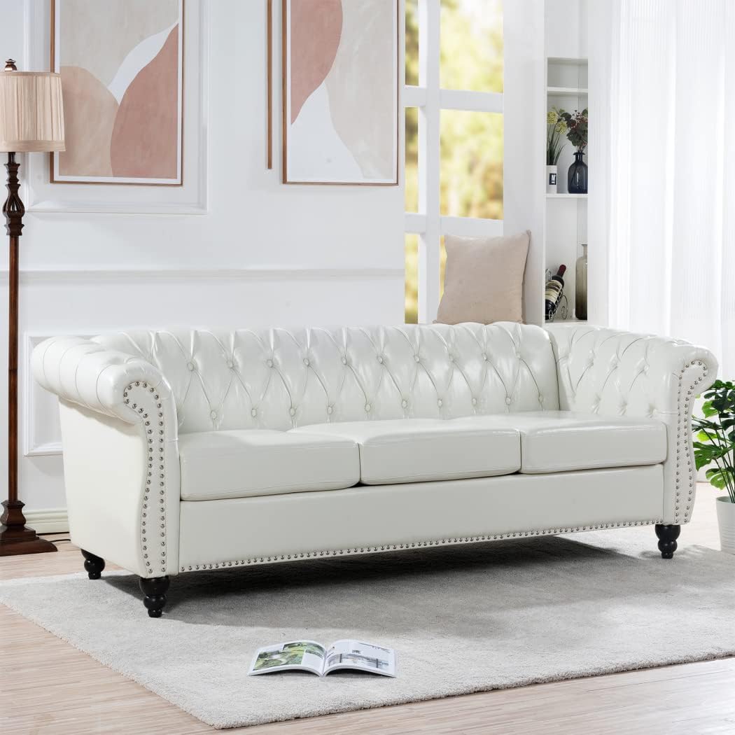 84" Modern Chesterfield Couch PU Leather, Rolled Arm Tufted Back 3 Seater Sofa, Upholstery Nailhead Trim Couches for Living Room Office (White)