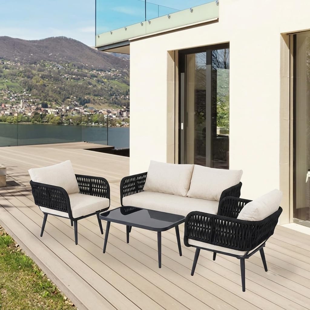 DRX 4 Piece Outdoor Weaving Rope Patio Furniture Set, Waterproof Sofa Seating Sturdy Powder-Coated Iron Frame Conversation Bistro et for Balcony, Backyard, Lawn,Garden,Indoor Black&Off-White-image-32