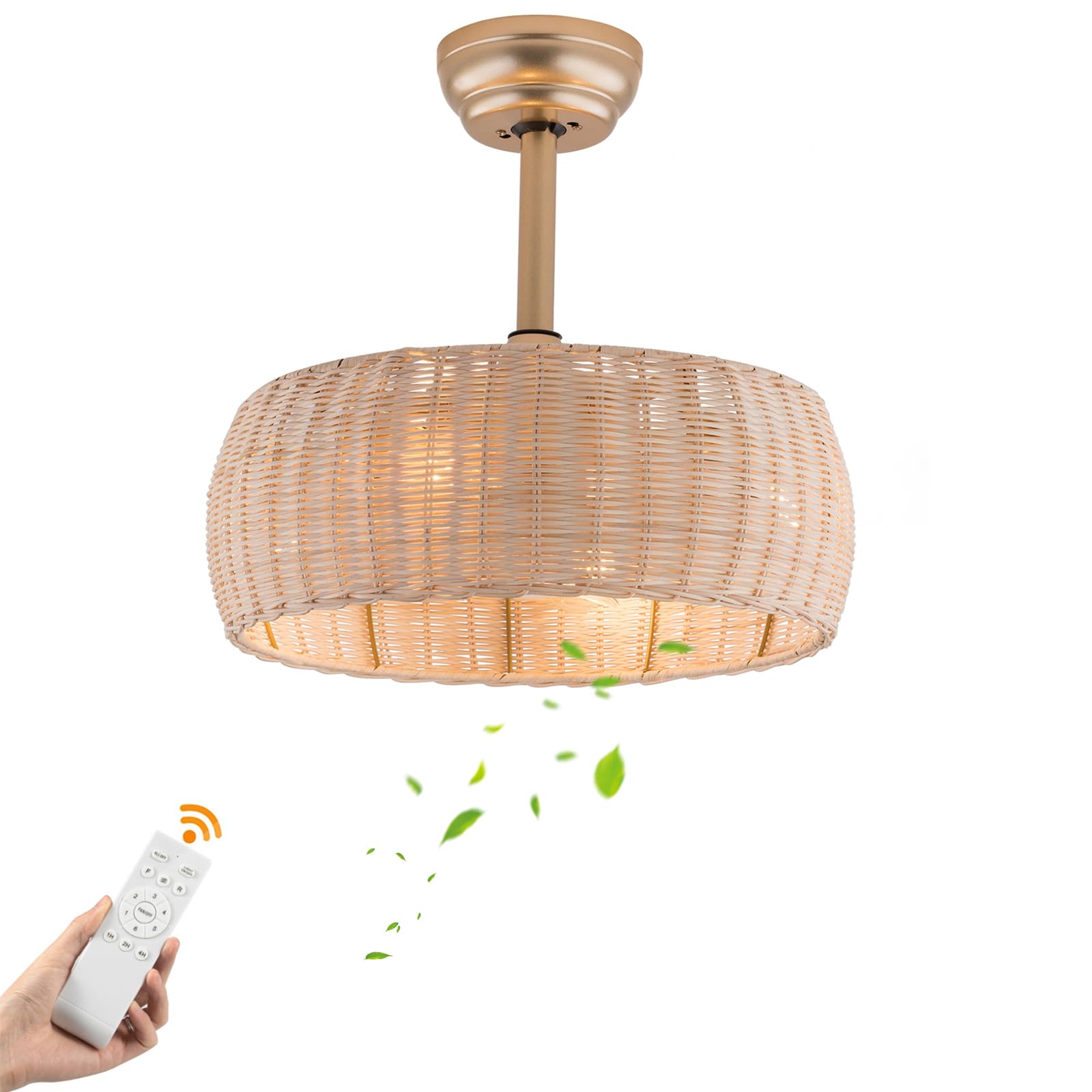 Bambusowy wentylator sufitowy z oświetleniem i pilotem zdalnego sterowania, cichy, 6-biegowy, odwracalny silnik, lampa sufitowa, ręcznie tkany naturalny rattan, 45 cm