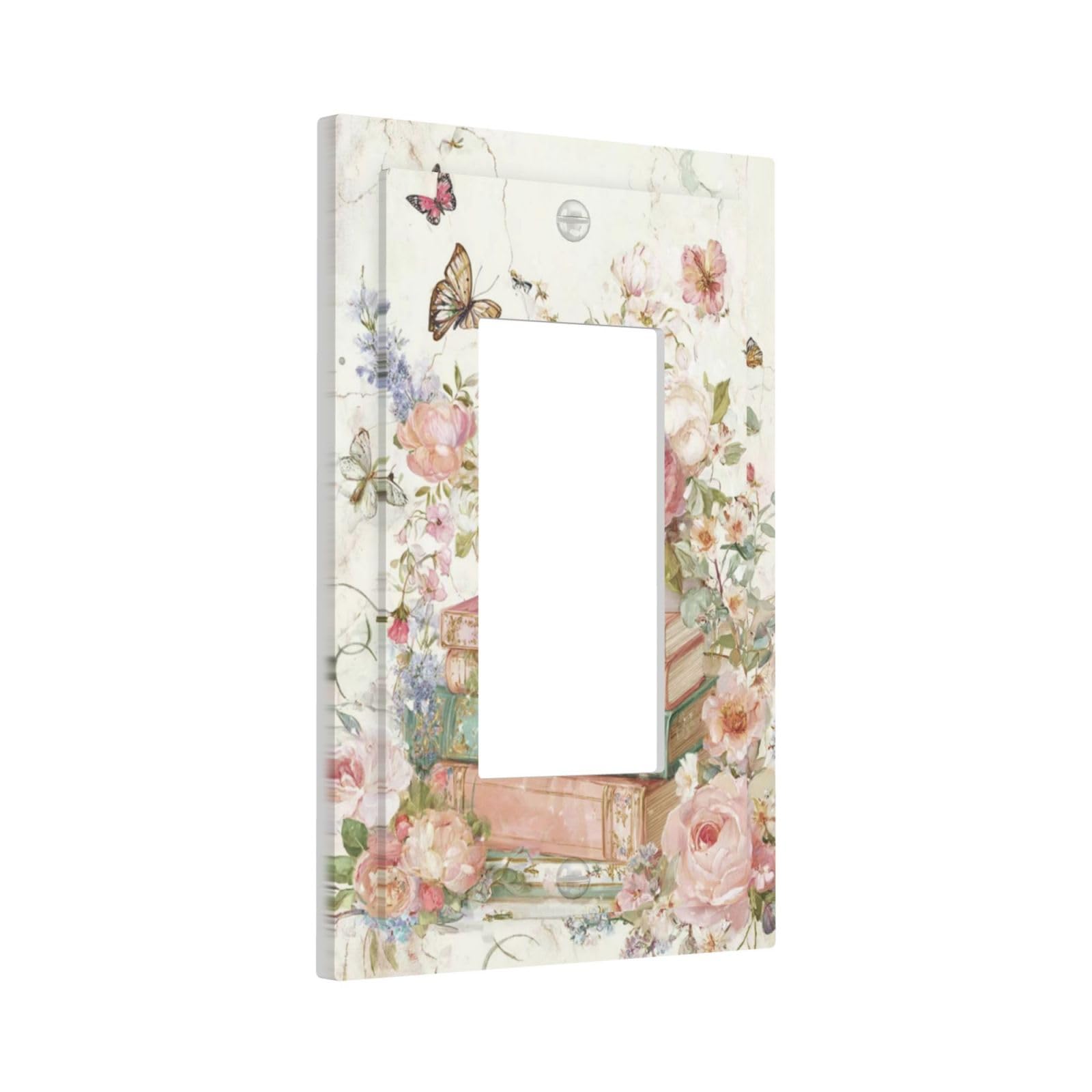 Yamxbfa Vintage Pink Watercolor Floral Books & Butterfly Outlet Covers Single Rocker Light Switch Cover Plate Decorative 1 Gang Gfci Wall Plate Electrical Device Switchplate Faceplate for Home Decor