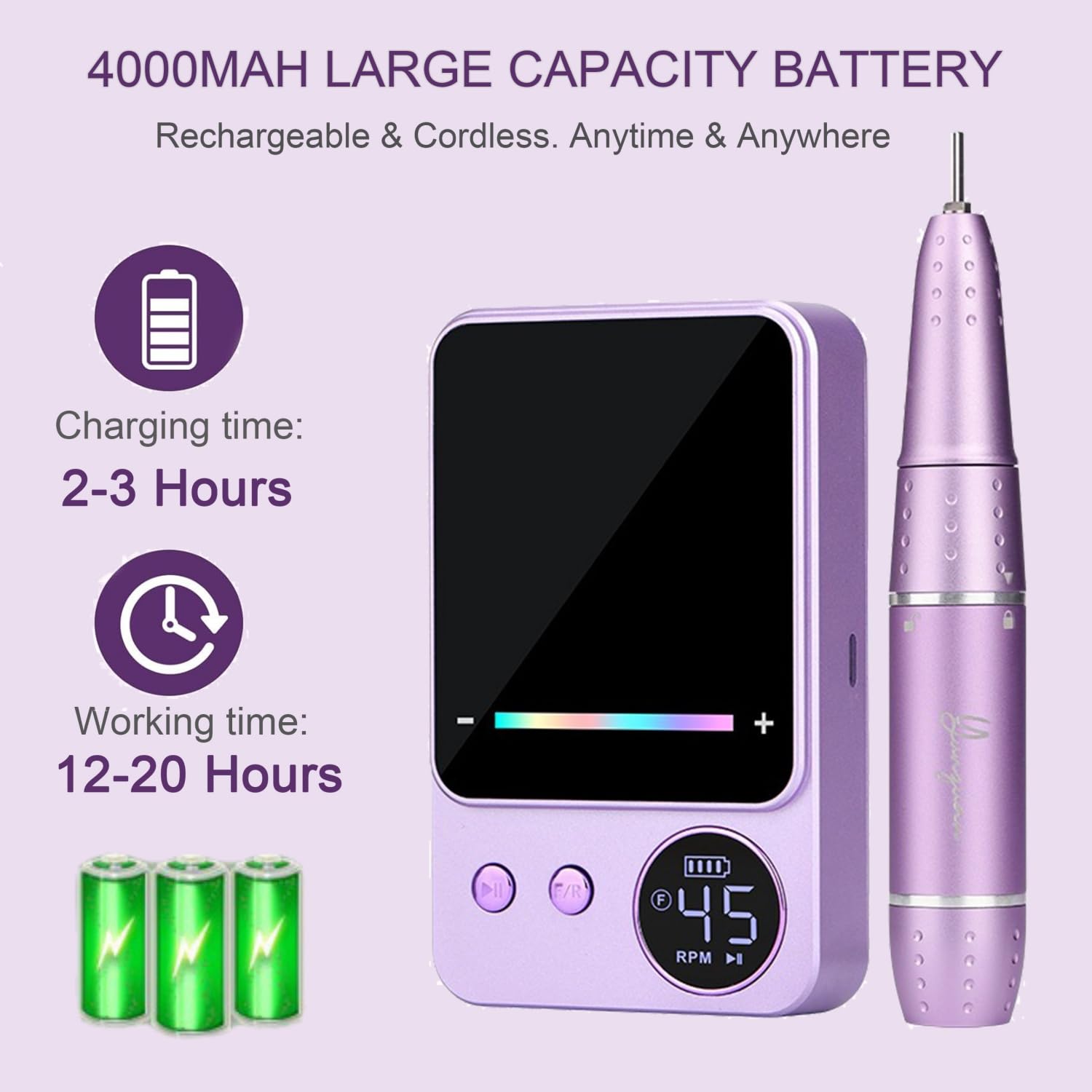 Lima Unghie Elettrica Professionale Fresa per Unghie Senza filo USB Ricaricabile Portatile 45000 giri Nail Drill con 6 Punte per Unghie e Touch Screen a Led per Manicure, Pedicure-purple