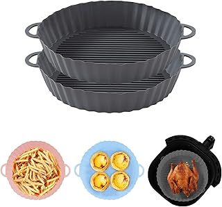 CNMTCCO Silicone Air Fryer Liners, 8.5" Reusable Air Fryer Silicone Liner, Round Air Fryer Silicone Tray, Air Fryer Accessories, Silicone Airfryer Liners for Ninja, Tower, Tefal, COSORI, Uten (2×Grey)