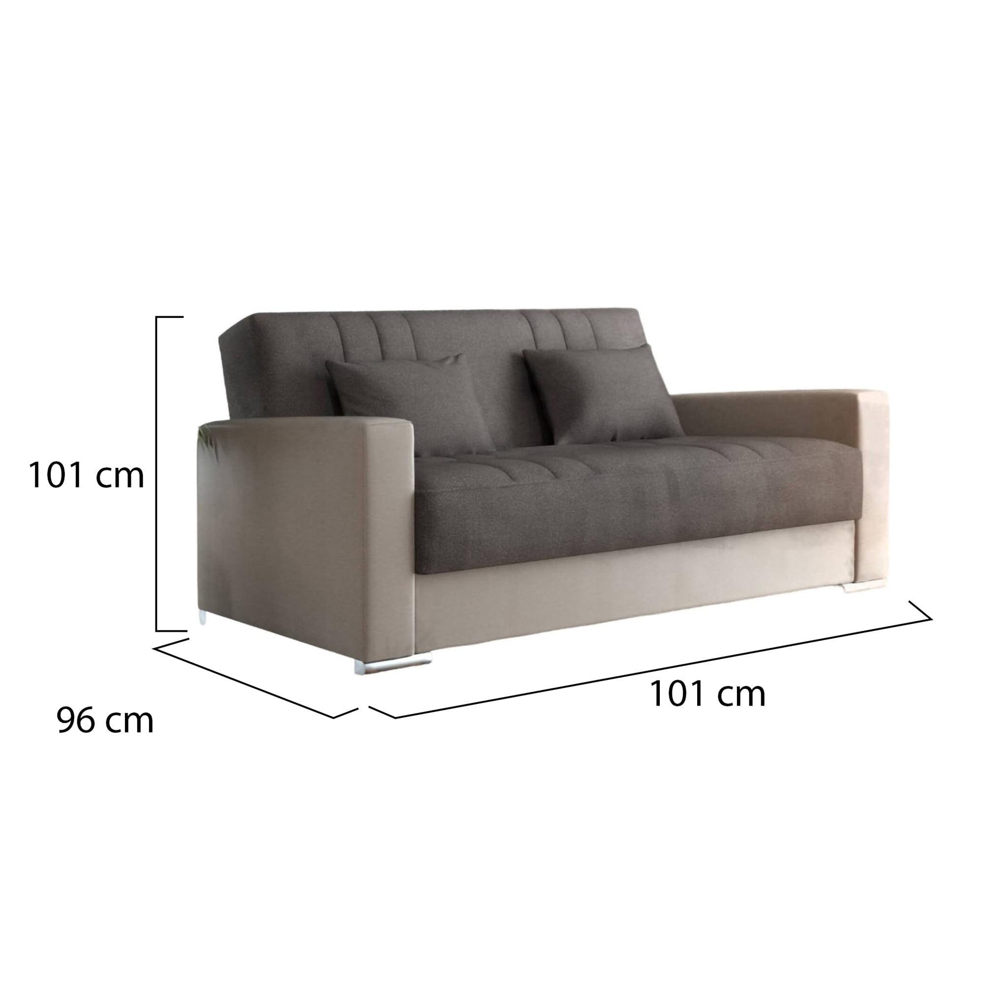 Dmora - Divano Letto 3 posti Sergio, Divano Contenitore in Ecopelle e Tessuto, Sofà con Apertura Click-clack e 2 Cuscini, 230x96h101 cm, Beige e Grigio