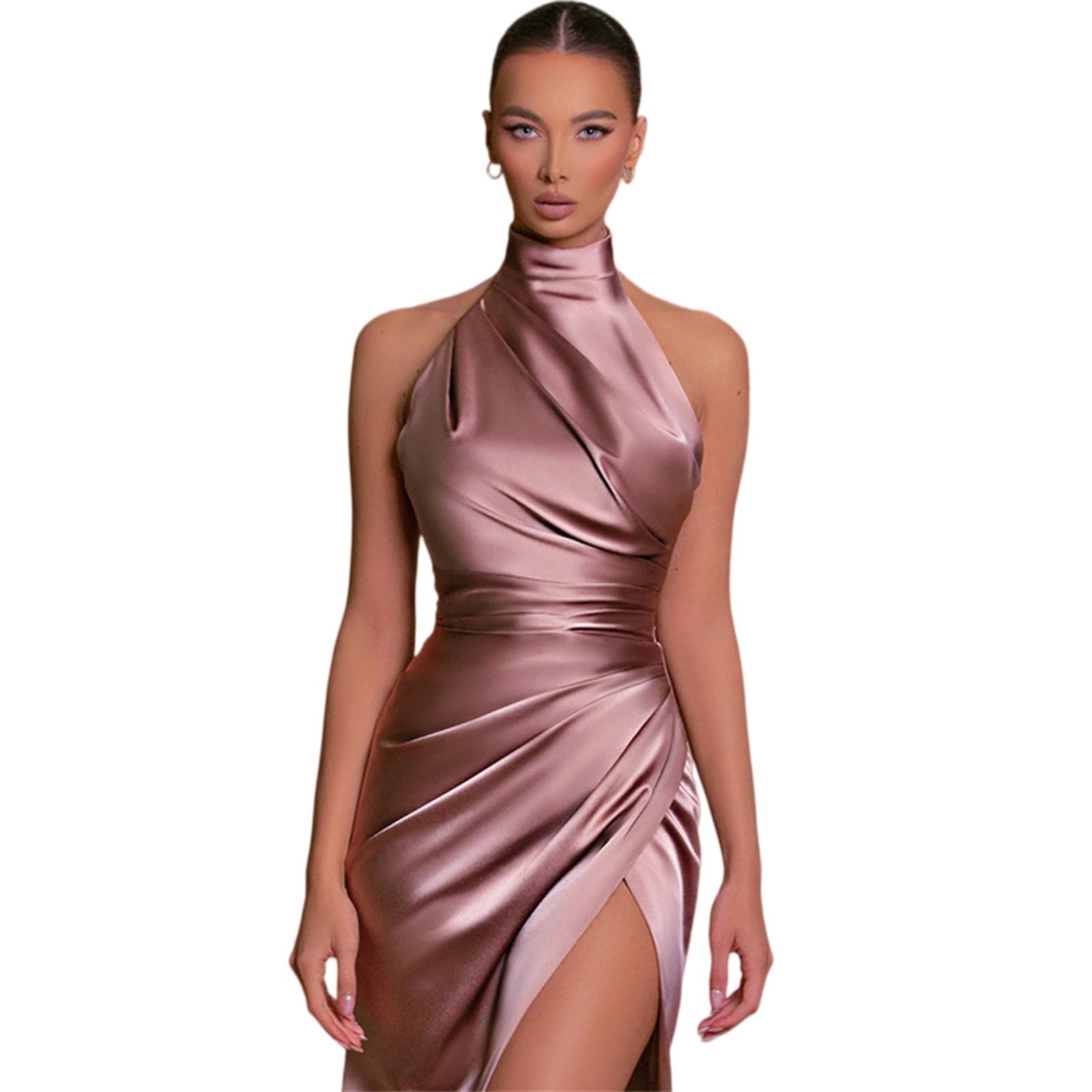 Vestito Elegante Donna Raso Maxi Abito Halter Collo Schienale Laterale Fessura da Sera per Cocktail Party-Champagne-XL