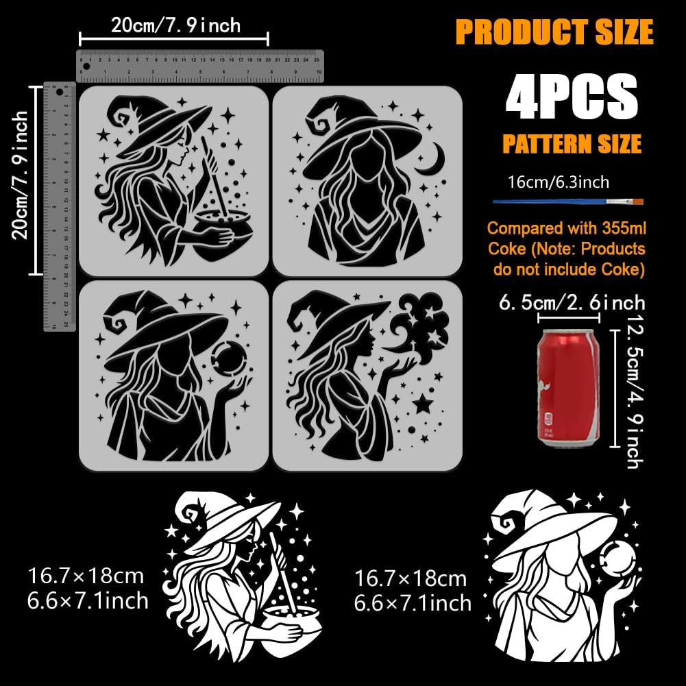 FINGERINSPIRE 4Pcs Witch Stencils with a Brush 7.9x7.9Inch Witch and Star Painting Stencils PET Witches' Day Themes PET Template for Painting on Wood Floor Tile Wall Fabric Furniture Scrapbook DIY