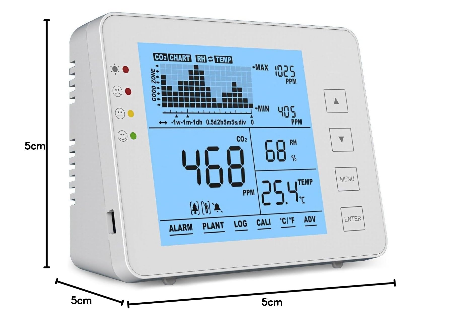 Seben 1200P W Medidor y monitor de CO2 con semáforo, alarma acústica, registrador de datos para la medición de la calidad del aire