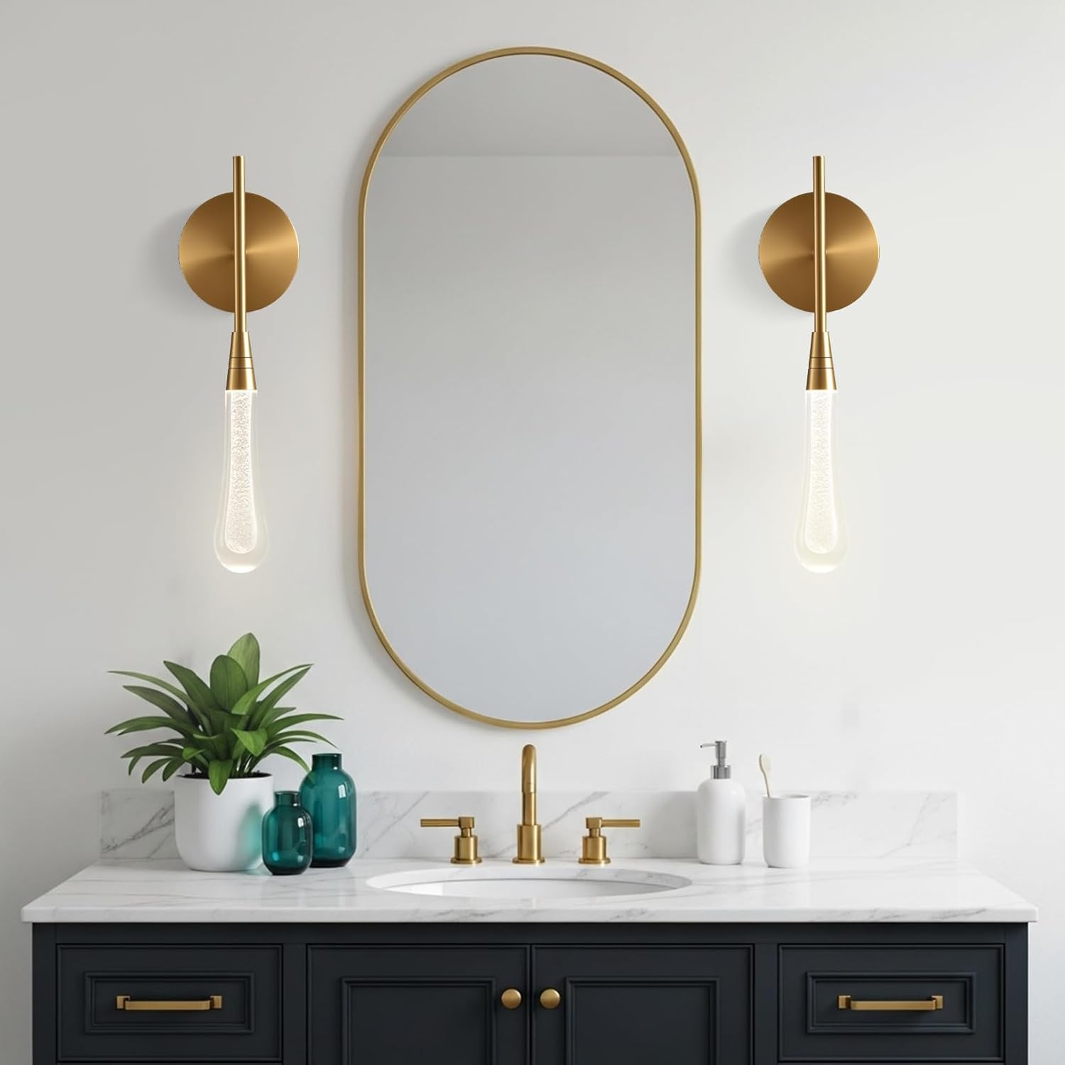 Teardrop Wall Sconces Gold Raindrop Sconces Ambient Accent Wall Lighting Bedroom Luxury Crystal Raindrop Wall Light for Living Room Brass Teardrop Sconces, Glass Vanity Light, Bulb Included