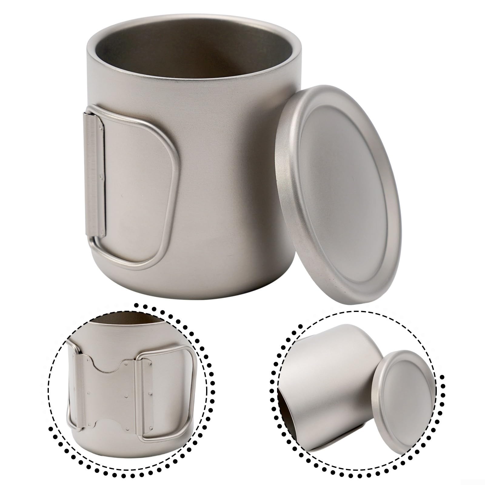 Doppelwandige Titan-Wassertasse mit Deckel für Camping, Wandern, Rucksackreisen, Outdoor, 300 ml (mit Griffen, 450 ml)