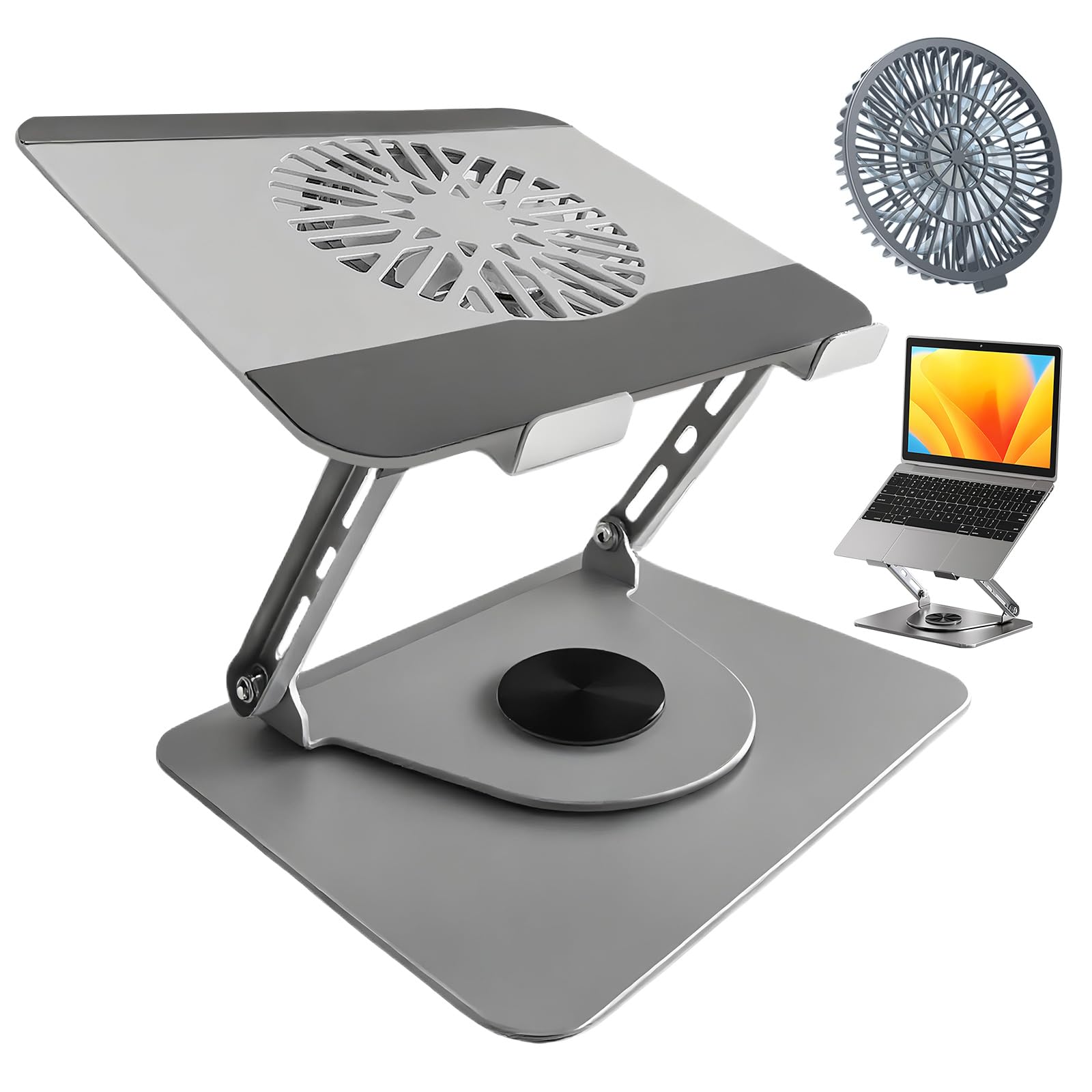 Soporte para ordenador portátil de aluminio, giratorio 360°, plegable, con ventilador magnético para refrigeración, compatible con MacBook y dispositivos de 10 a 17,3 pulgadas (gris claro)