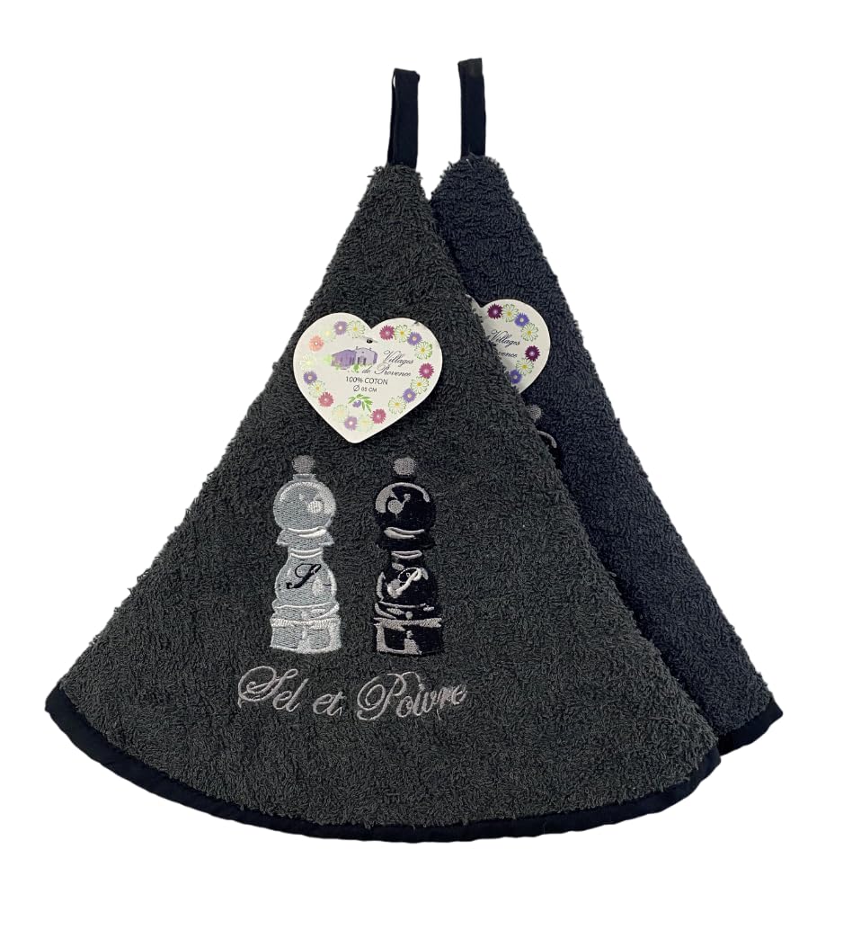 Torchon Essuie Mains Bouquet De Lavande - Rond Avec Attache - Gris Noir - Motifs Brodés - 100% Coton - 65 Cm De Diamètre - Cuisine Ou Salle De Bain