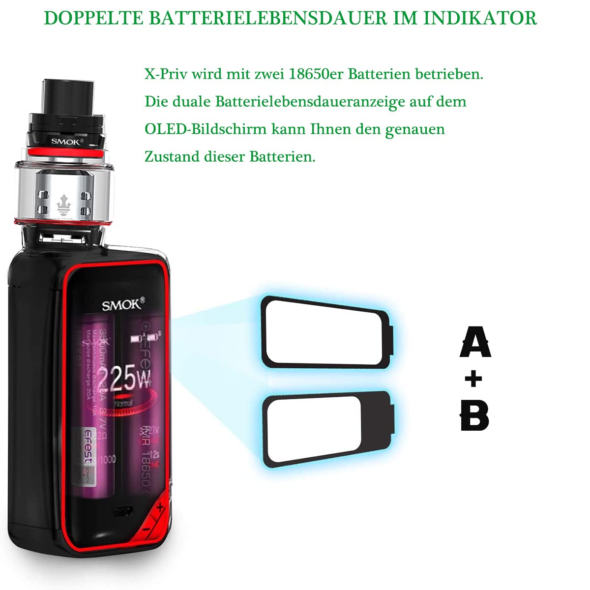Elektronische Zigarette，Smok 225W X priv Kit mit Farbenfroh Screen, 8ml Verdampfer TFV12 Prinz Tank und wiederaufladbaren 2*Batterien, kein Nikotin, keine Flüssigkeit (Schwarz Rot003)