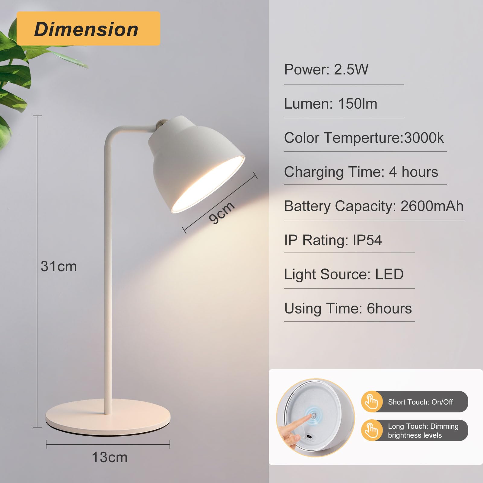 HARPER LIVING Lámpara de mesa recargable 4 en 1, lámpara de escritorio LED con control táctil, luz magnética de 360°, luz de pared de mesita de noche, lámpara de clip regulable de 3000 K para lectura
