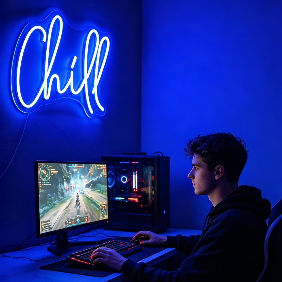 Chill Neonschild, blaues Neonlicht, USB-betriebene Wörter, LED-Lichter für Schlafzimmer, Zuhause, Bar, Pub, Club, Hotel, Spielzimmer, Männerhöhle, Wanddekoration